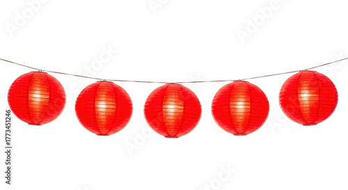 Five red paper lanterns hanging on a string isolated on transparent background