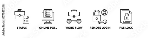 Remote Work Tools banner web icon illustration concept with icon of status, online pool, work flow, remote login, and file login