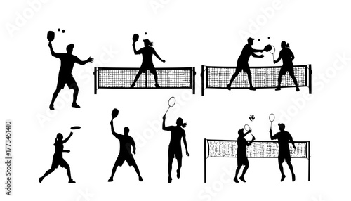 Vector Silhouettes of People Playing Outdoor Sports like Pickleball and Badminton
