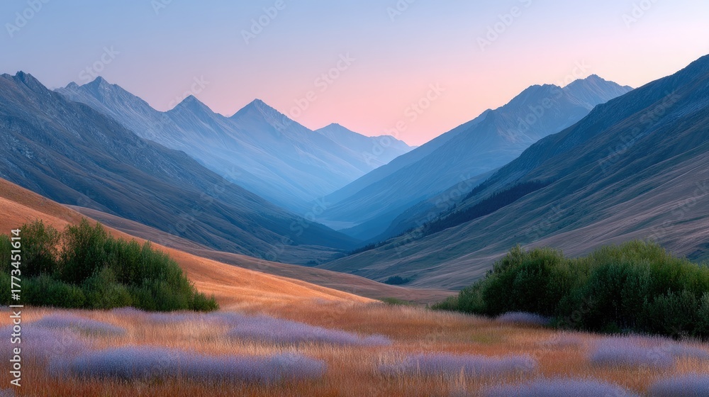 Fototapeta premium Majestic deep valley landscape bathed in golden sunset light with purple wildflowers and green bushes in the foreground and snow-capped mountains in the background