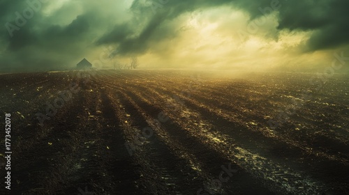 Freshly plowed field after a spring rain, dark rich earth, anticipating new growth, rural scene