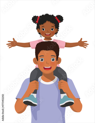 Little African girl sitting on her father shoulders as for father's day concept
