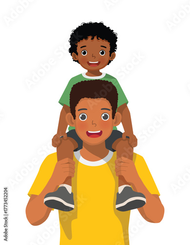 Little African boy sitting on his father shoulders as for father's day concept
