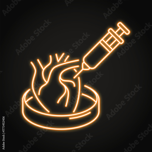 Organoid for tests neon icon. Human heart with syringe in Petri dish. Vector illustration