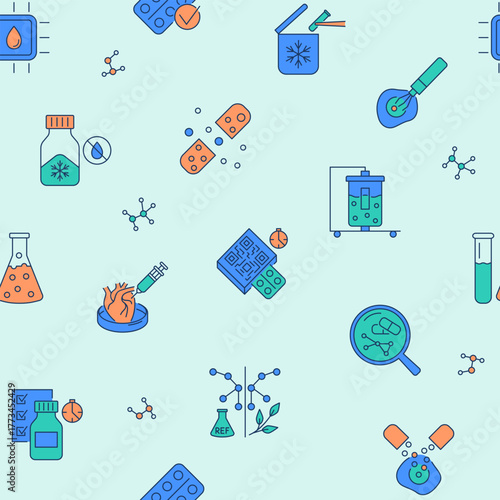 Pharmaceutics and bio technologies seamless pattern. Vector illustration.