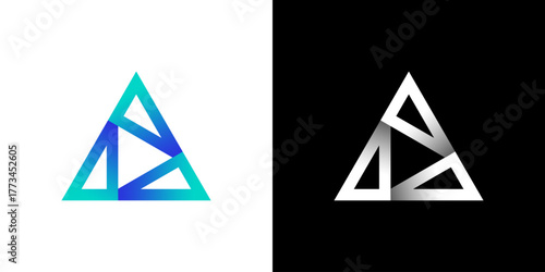 triangle logo. Triangle logo with strict strong corners vector isolated on white background, blue prism pyramid geometric 3d gradient glossy abstract triangle logotype