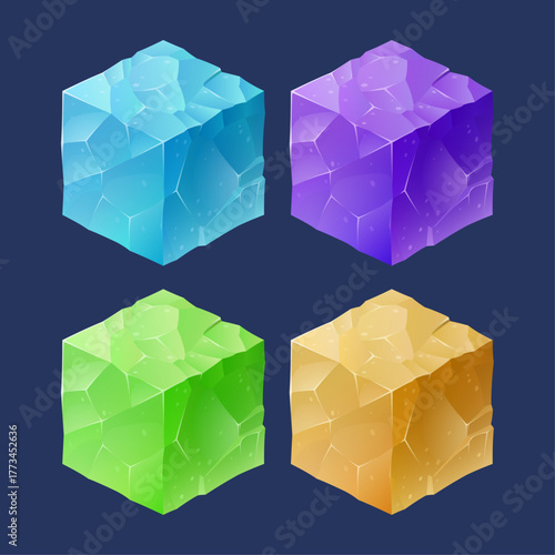 Set of four colorful, faceted geometric gemstone cubes on a dark background