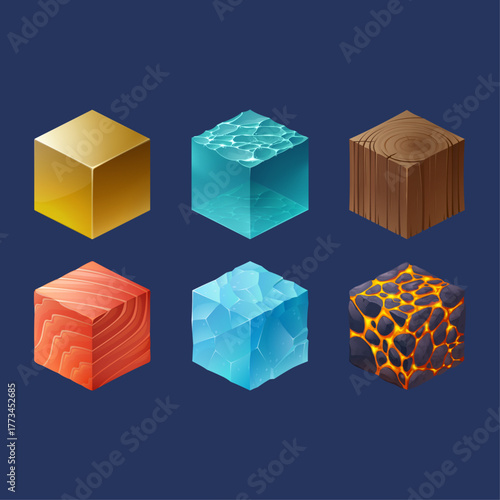 Collection of six textured 3D cubes, representing diverse materials like gold, water, and wood
