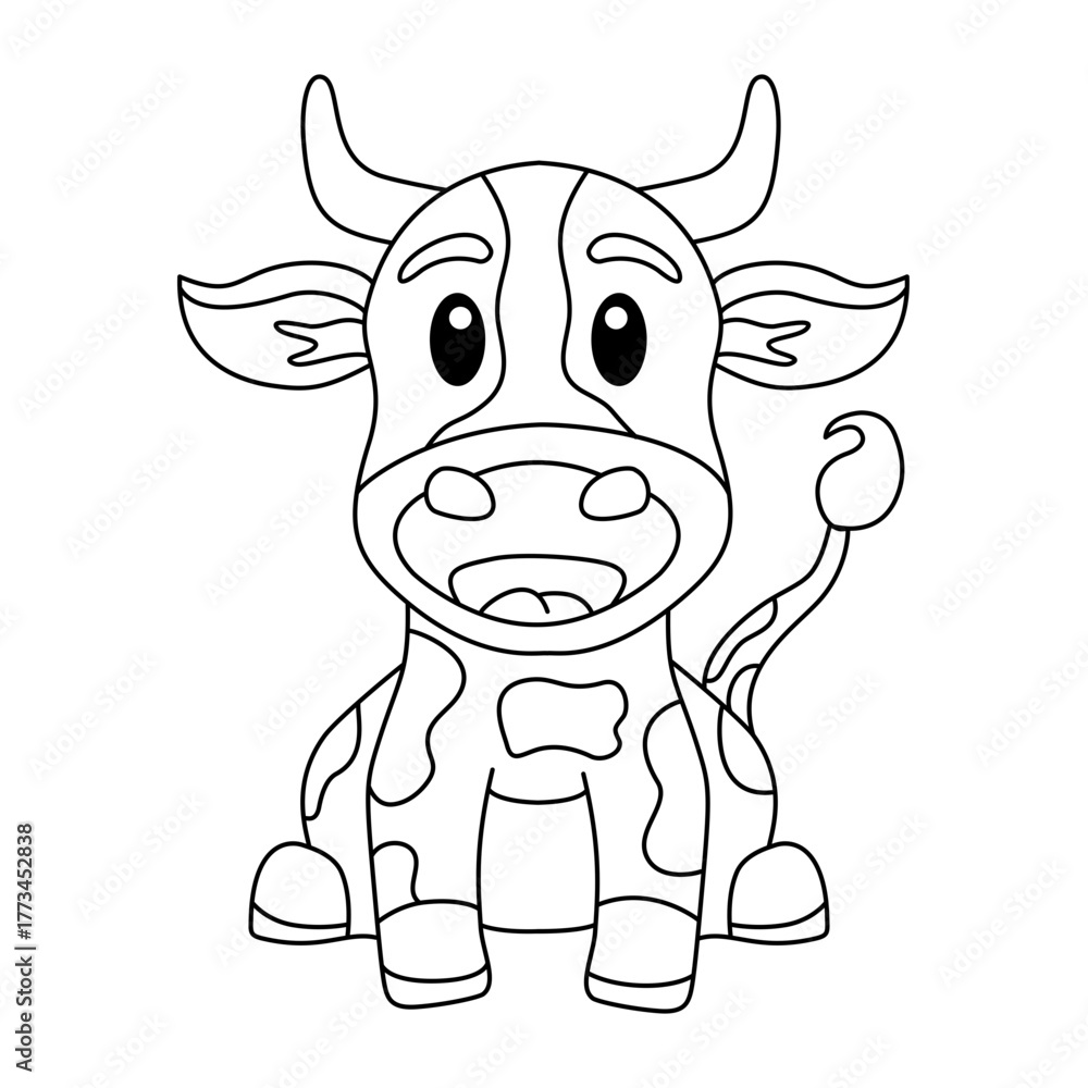 Fototapeta premium Funny Cow Cartoon, Hilarious Sitting Animal Illustration outline style