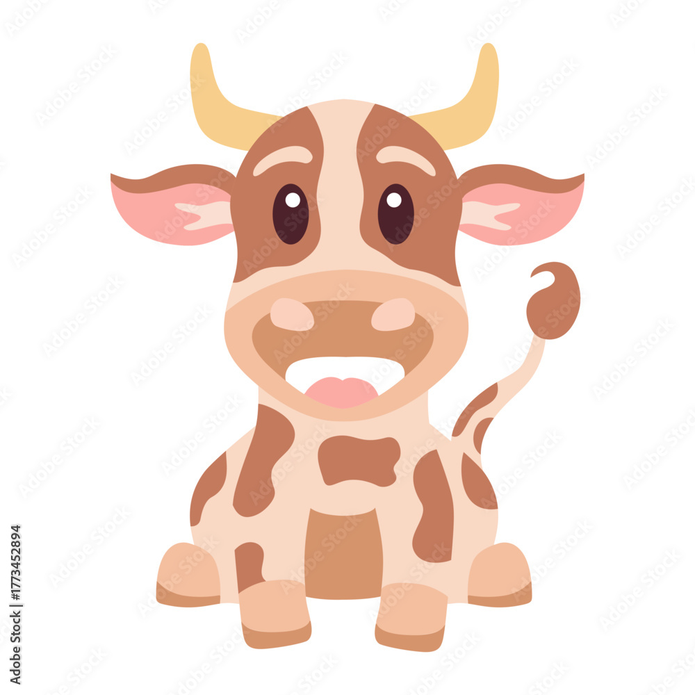 Fototapeta premium Funny Cow Cartoon, Hilarious Sitting Animal Illustration flat style