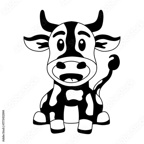 Funny Cow Cartoon, Hilarious Sitting Animal Illustration solid style