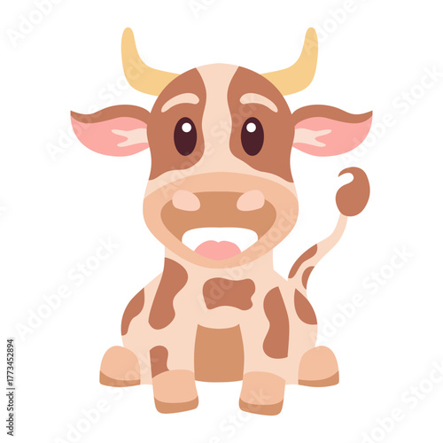 Funny Cow Cartoon, Hilarious Sitting Animal Illustration flat style