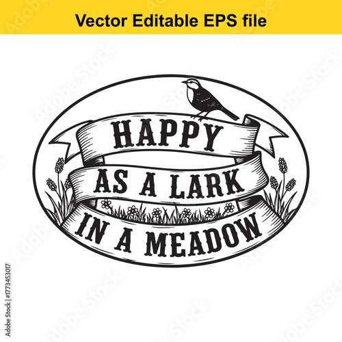 Happy as a lark in a meadow, vintage illustration with bird and flowers