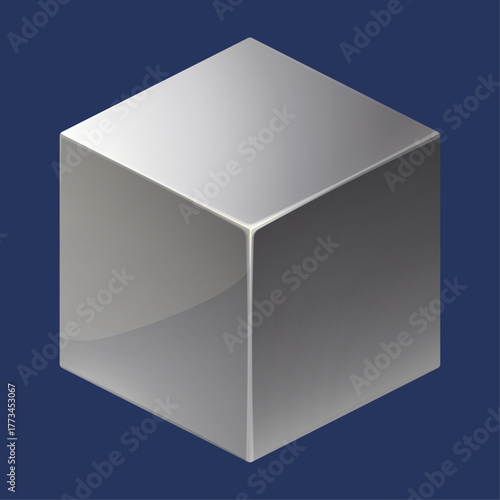 Sleek three-dimensional silver cube icon with reflective surfaces, abstract geometric design, and modern digital art style