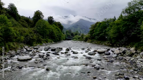 Stunning Drone View of River Stones with Forest, Mountains, and Clouds