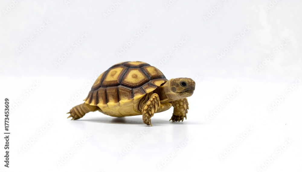Fototapeta premium Young tortoise walking on a white surface