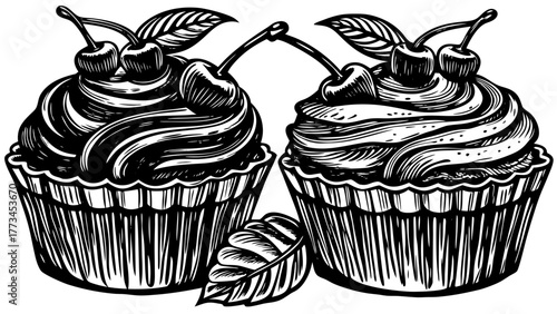 Very beautiful hand drawn illustration of two cupcakes decorated with frosting and a delicate cherry branch beside them, in a charming artistic sketch style for bakery or dessert design.