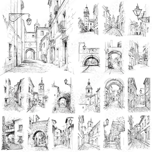 Black and white hand-drawn sketch collection of old European town streets and architecture. Perfect for travel illustration, city design, historic buildings, and urban line art projects.