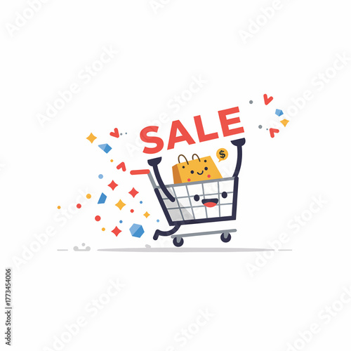 Cute Shopping Cart Character Holding Sale Sign Vector