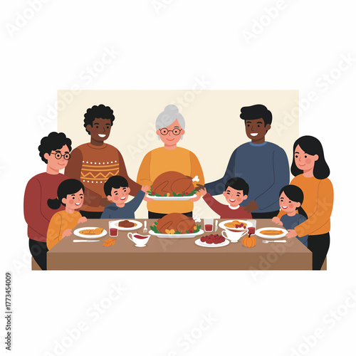 Diverse Multi-ethnic Family Thanksgiving Dinner Flat Illustration