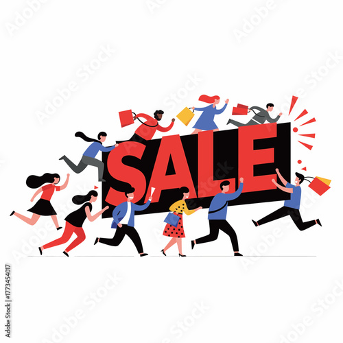 People Running for Big Black Friday Sale. Shoppers with Bags Flat Illustration