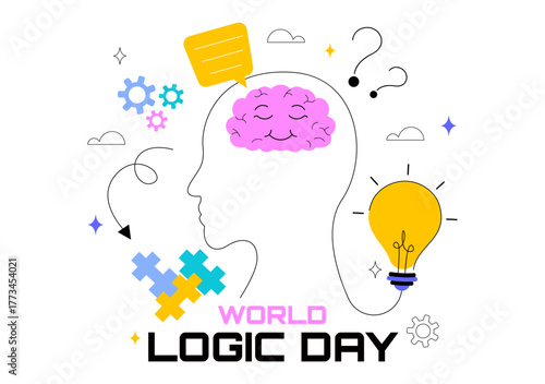 World Logic Day Vector Illustration Featuring Creative Thinking, Analytical Mind, Puzzle, Decision Making, and Smart Brain in a Flat Background
