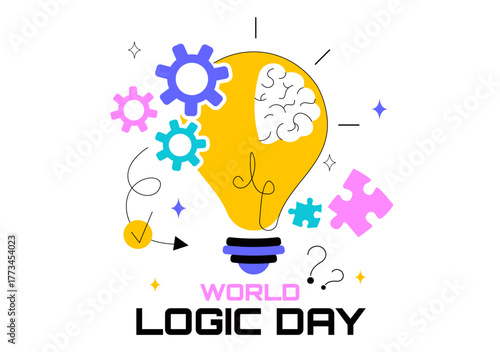 World Logic Day Vector Illustration Featuring Creative Thinking, Analytical Mind, Puzzle, Decision Making, and Smart Brain in a Flat Background