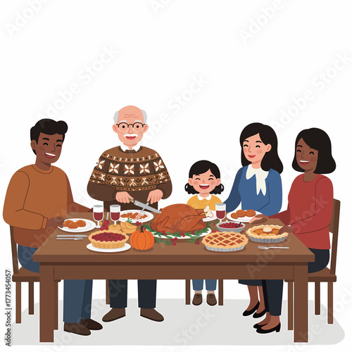 Happy Diverse Multi-generational Family at Thanksgiving Dinner Table Flat Illustration