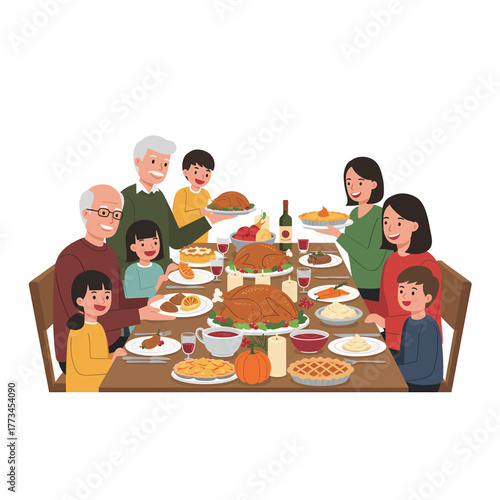 Happy Extended Family Celebrating Thanksgiving Dinner Together Flat Illustration