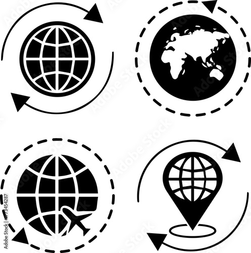 Minimalist Solid Black Global Concept Icon Set — Travel, Connectivity, Location, and Care Glyphs for Modern Interface and Branding