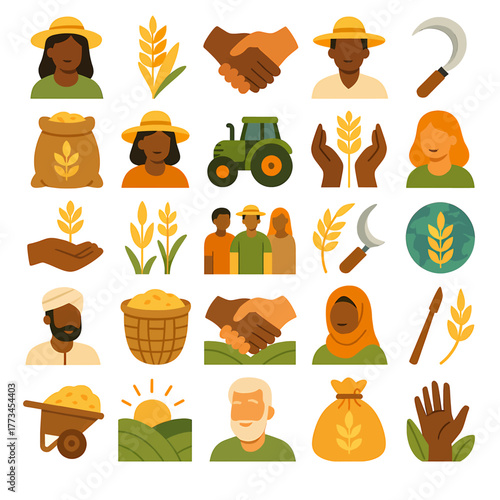 Farming community icons set for agriculture and harvest design