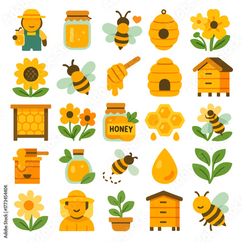 Beekeeping and honey production icons for organic farm design