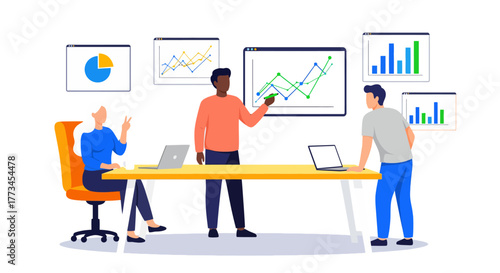 Business meeting with charts and graphs presentation by a team of professionals.
