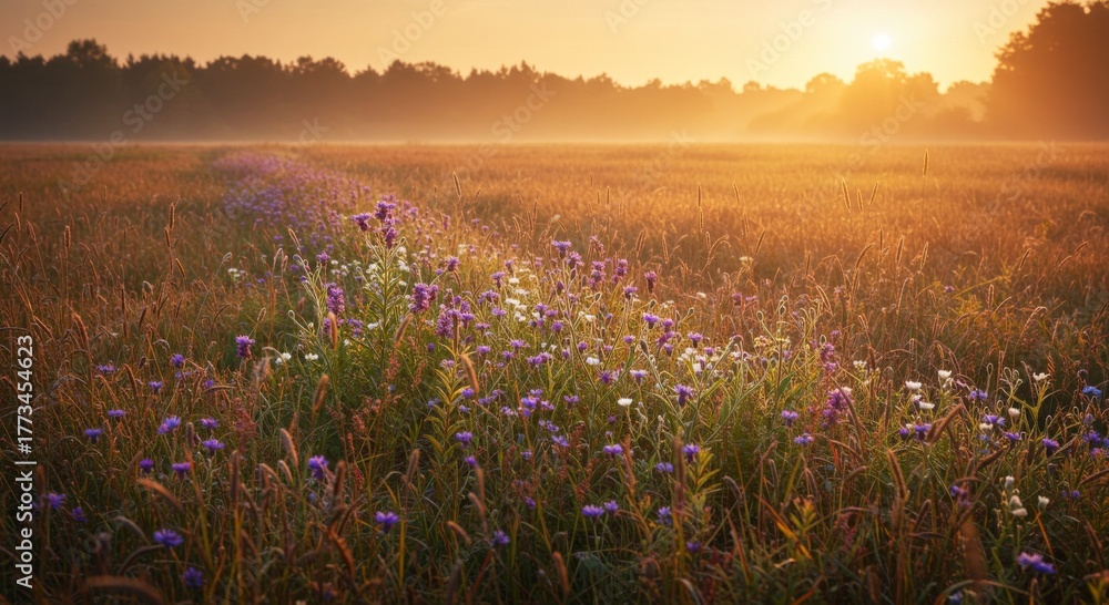 Naklejka premium Sunrise Over a Field of Purple Wildflowers