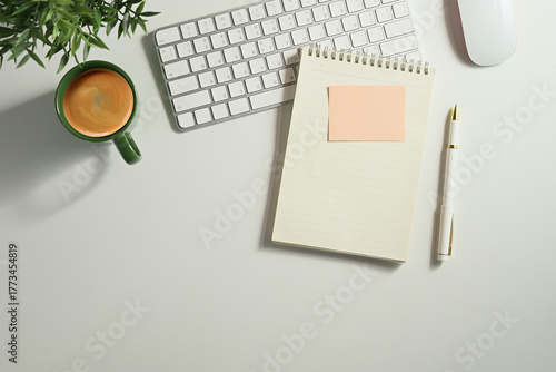Top view office desk workspace simple