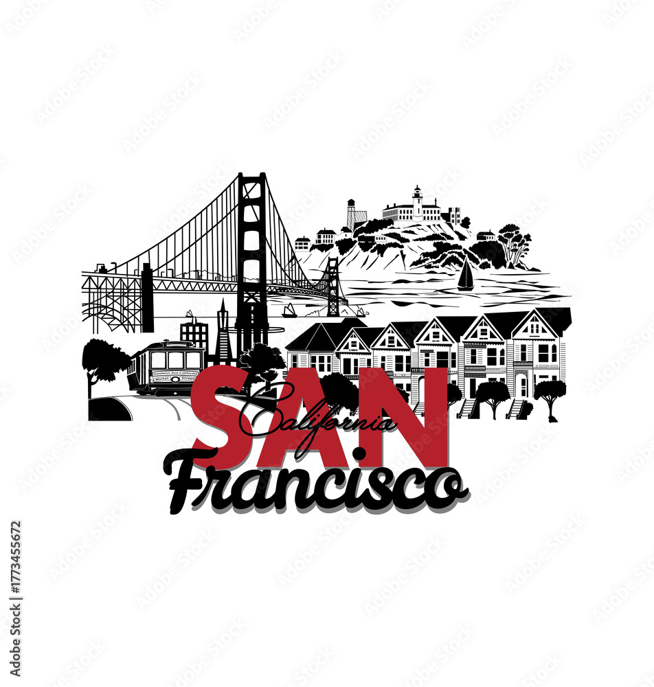 Fototapeta premium San Francisco California City Line Art Design, Minimal Urban Illustration with Golden Gate Bridge and Cityscape Typography