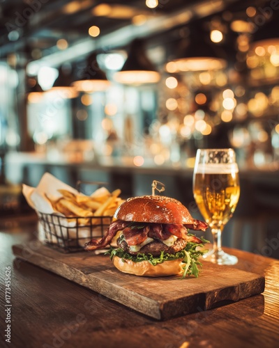 Gourmet bacon cheeseburger served with crispy fries and beer in modern restaurant setting