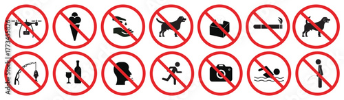 No entry prohibition signs set for public spaces vector illustration, No symbol vector icons collection for rules, Safety prohibition sign bundle with no entry icons,  vector icons​