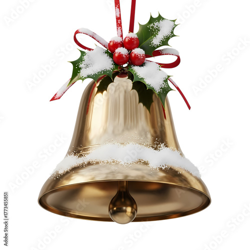 Golden Christmas bell with holly and snow for festive holiday designs