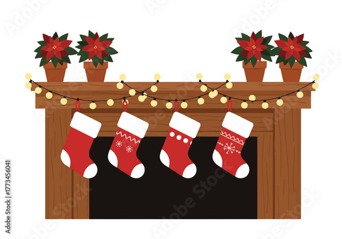 Illustration of Christmas stockings hanging on a wooden fireplace mantel with potted poinsettias and string lights against a white background.