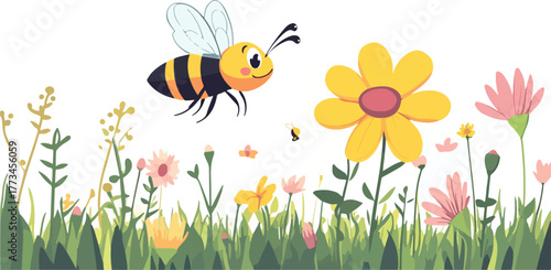 Yellow cartoon bee flying to a happy flower in a summer garden illustration