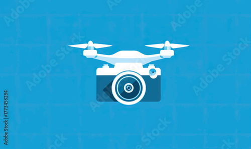 Drone with camera illustration on blue background, aerial photography concept.