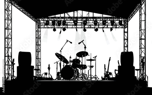 Black silhouette of an empty concert stage with a drum kit, microphones, and lighting rig.