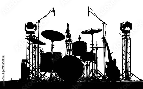 Silhouette of a drum kit, electric guitar, microphones, and stage lighting on a performance stage, ready for a concert.