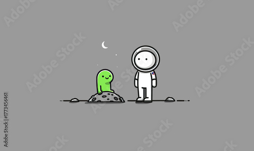 An astronaut meets a small green alien on a desolate planet under a crescent moon.