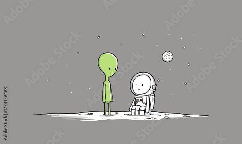A minimalist illustration depicts an alien and an astronaut meeting on a desolate, gray planet with a small moon in the background.