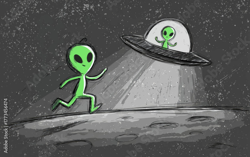A cartoon illustration depicts a green alien running on a desolate moon surface while another alien pilots a flying saucer shining a beam of light.