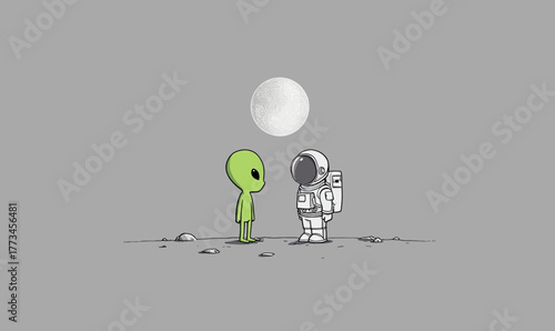 An astronaut and an alien standing on a planet with a moon in the background.