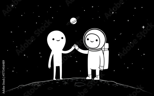 Two cartoon characters, one an astronaut and the other a simple figure, high-five on a celestial body with Saturn in the background.