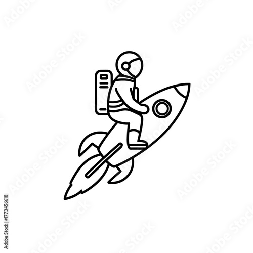 Line art of an astronaut riding a rocket in space
